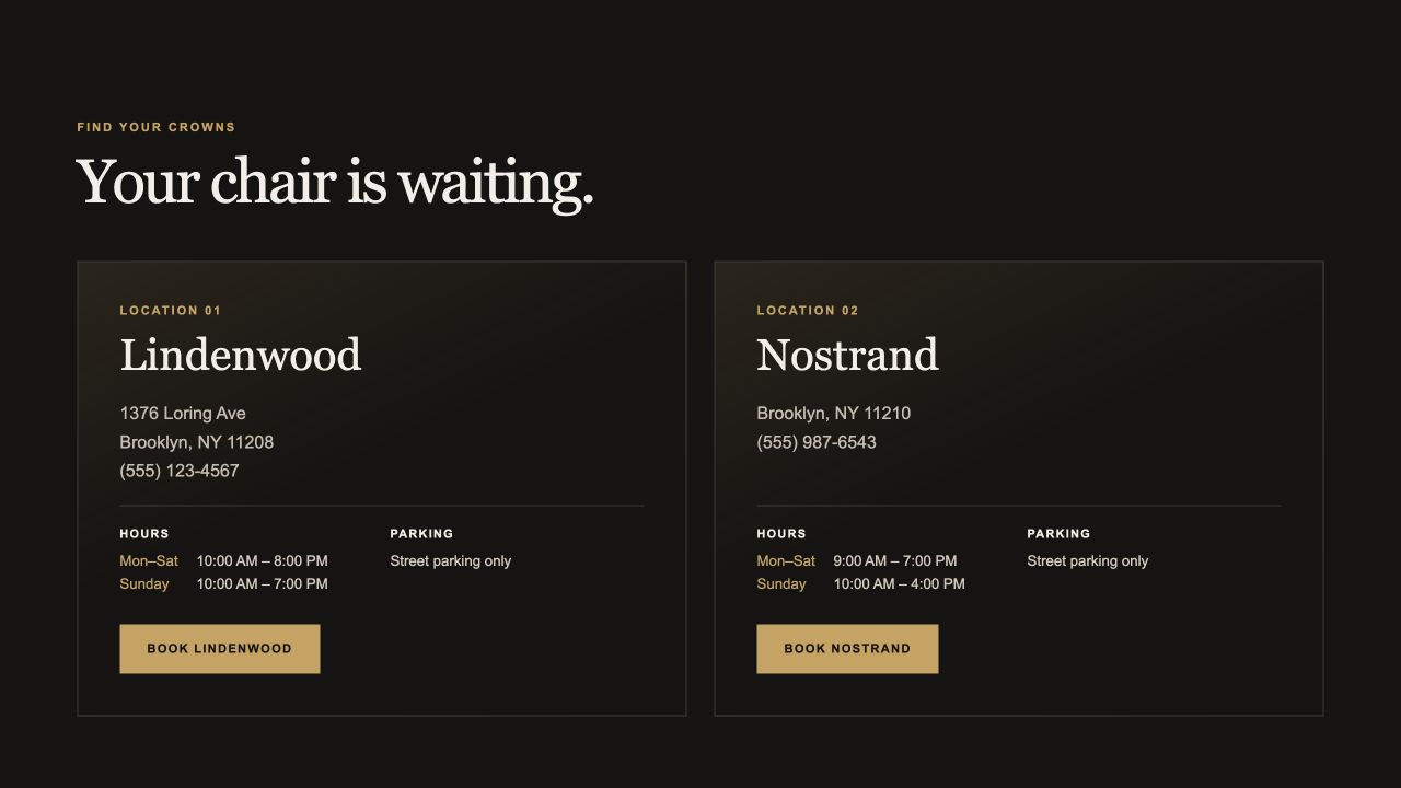 Crowns website location cards for Lindenwood and Nostrand with booking buttons