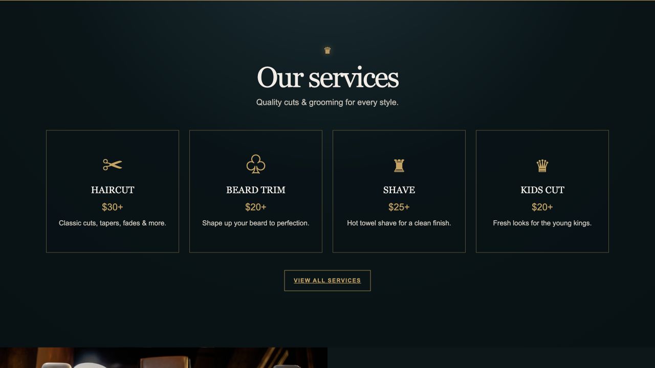 Crowns website services section showing haircut, beard trim, shave, and kids cut options